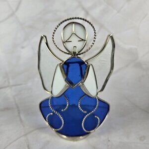 Stained Glass Singing Angel Tealight Candle Holder Blue White Silver Vintage